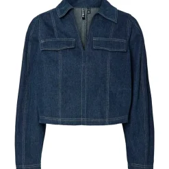 Pieces PCFabia LS V-Neck Denim Top Dark Blue Denim